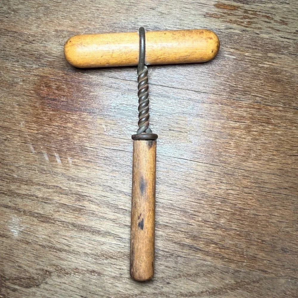 Antique Primitive Wooden T Handle Corkscrew with Sheath Twisted Wire Steel Worm
